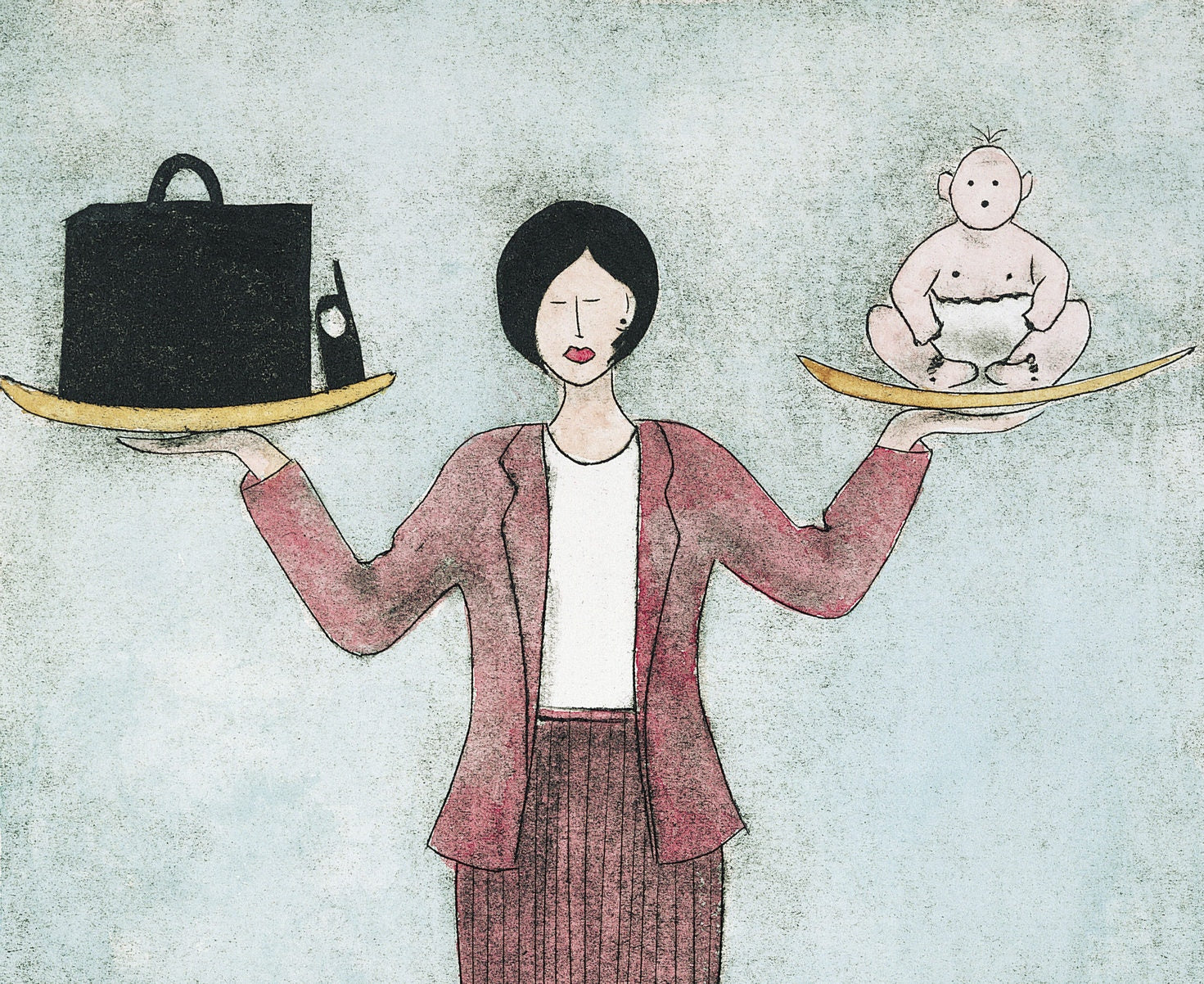 Young woman holding a bag, phone and her baby