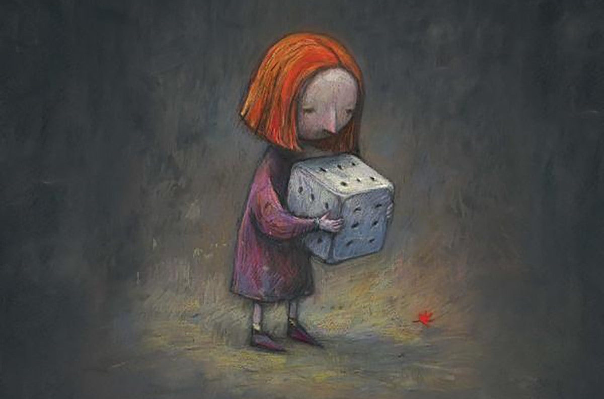 illustration of a girl holding a big die